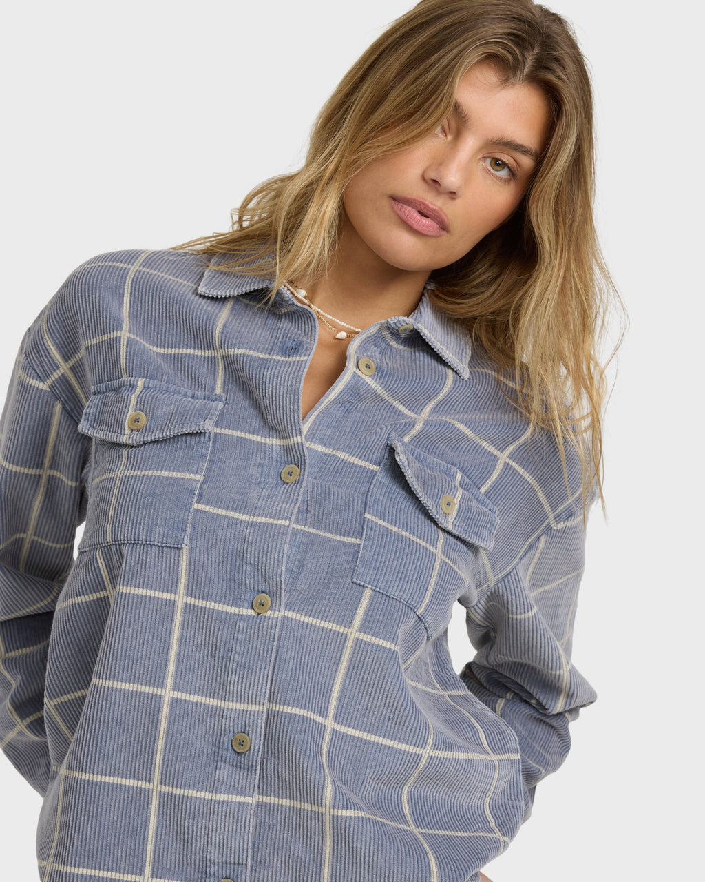 Fadeaway Long Sleeve Cord Shacket - Stone Blue