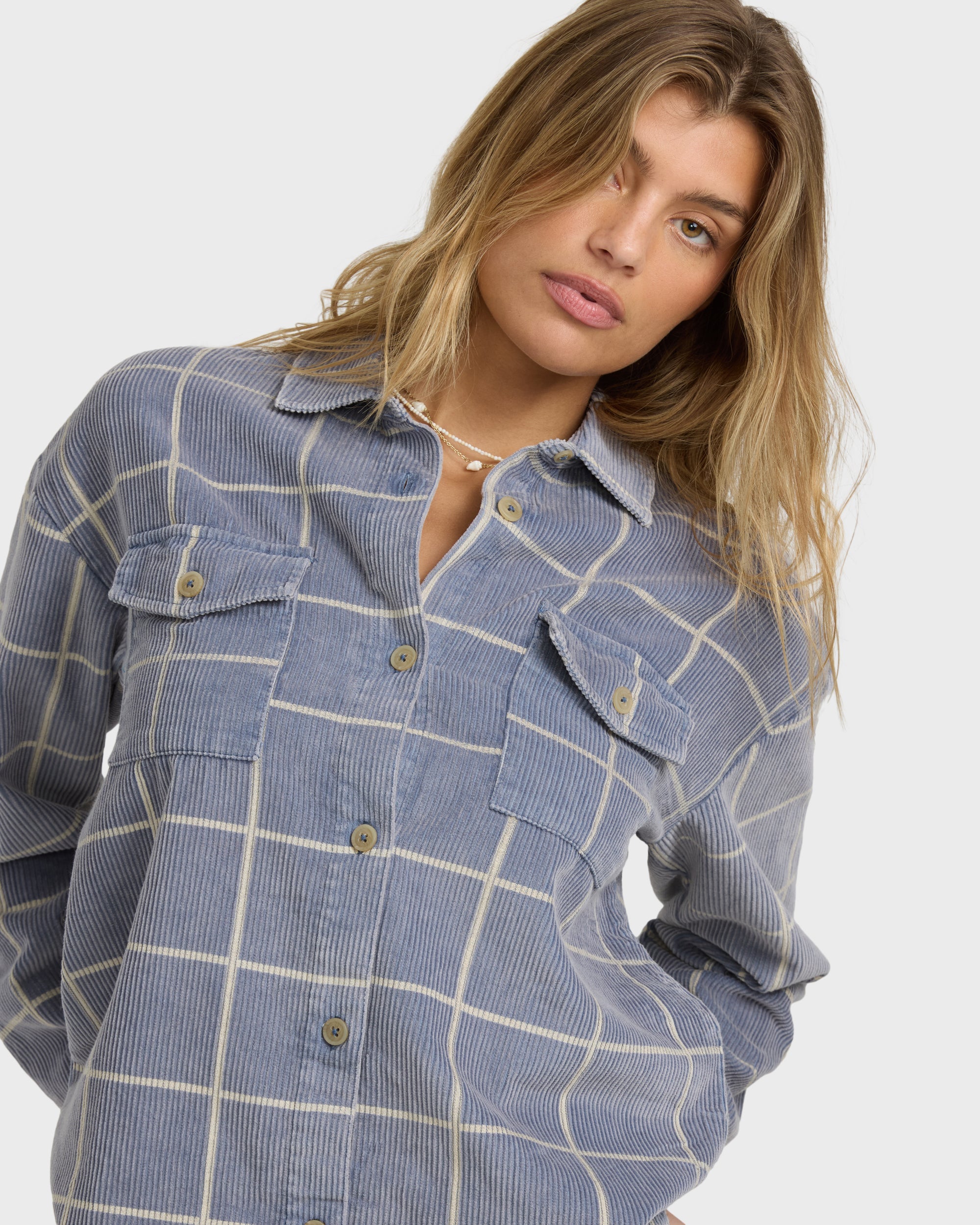 Fadeaway Long Sleeve Cord Shacket - Stone Blue