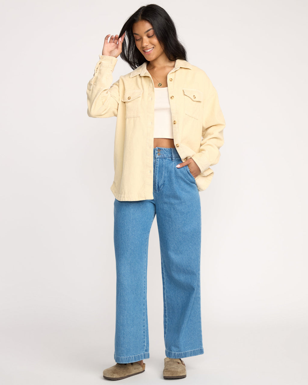 Fadeaway Long Sleeve Cord Shacket - Whitecap