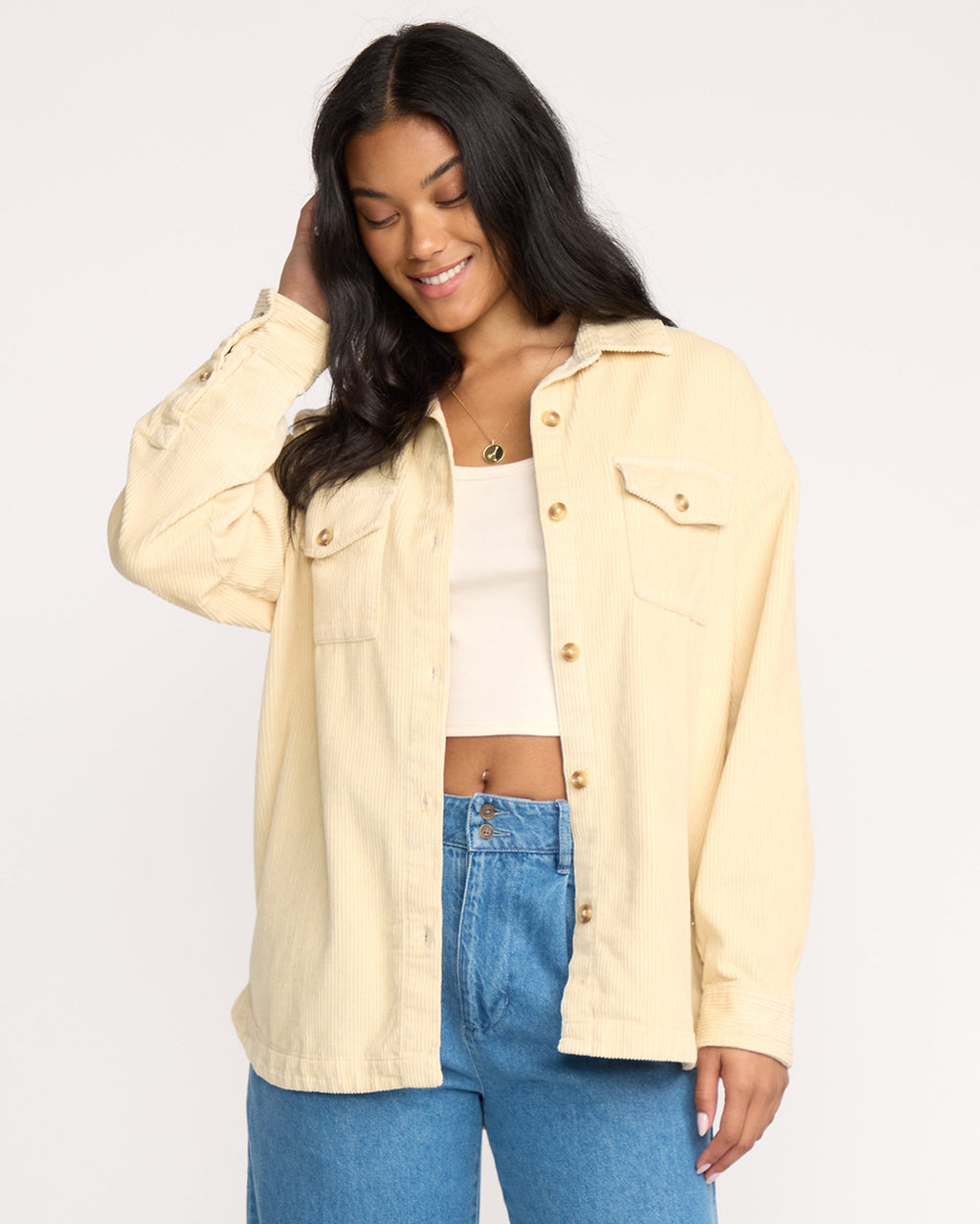 Fadeaway Long Sleeve Cord Shacket - Whitecap