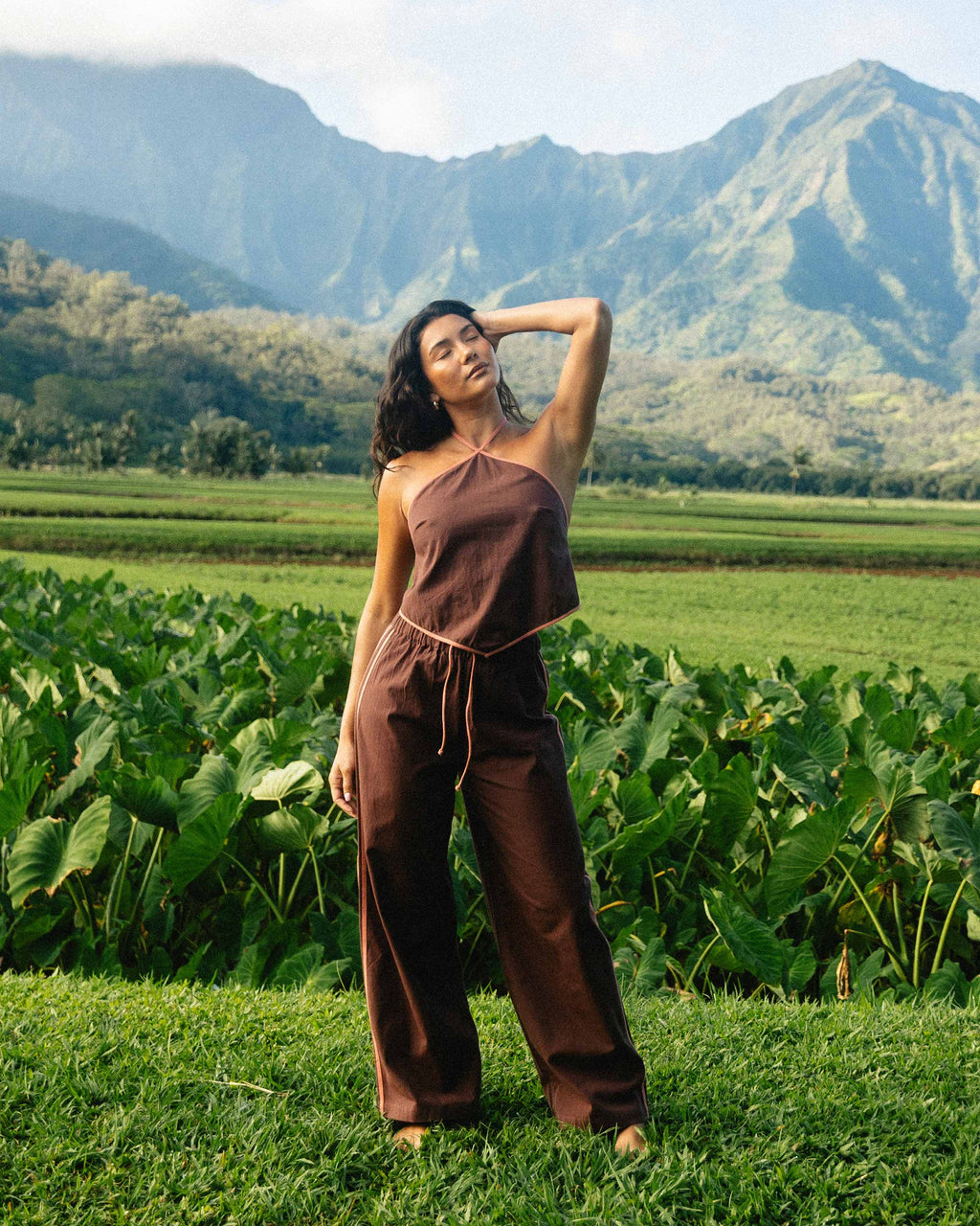 Double Take Elastic Waist Pants - Teak